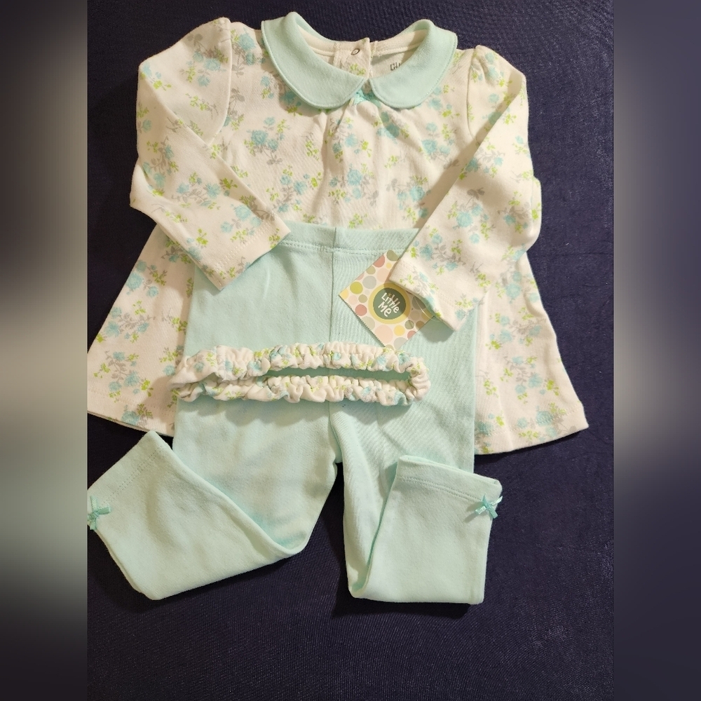 Little Me Floral Mint Top, Solid Mint Pants Set w/Headband, Size 12m, NWT